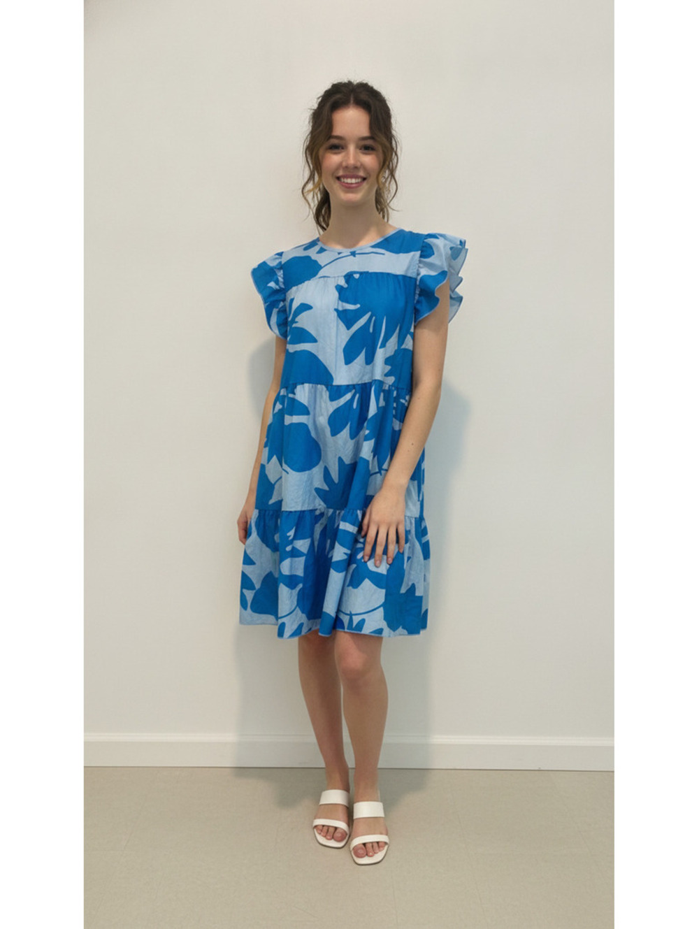 Blue and Light Blue Floral Ruffle Sleeve Dress